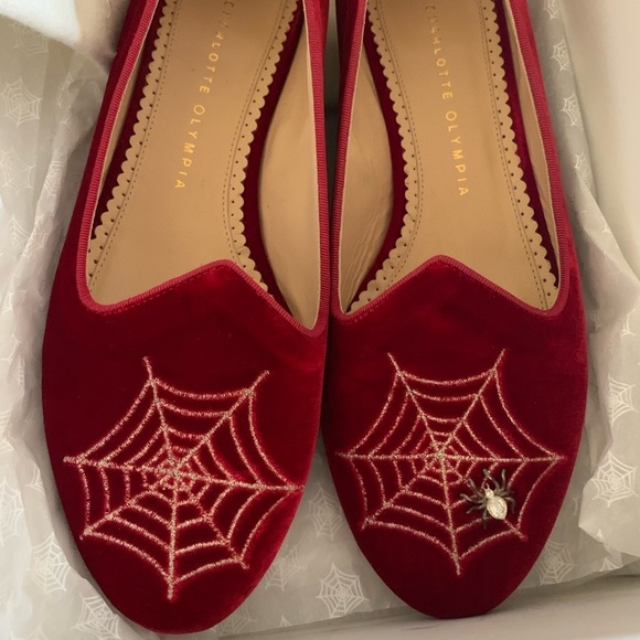 NIB- CHARLOTTE OLYMPIA Spiderweb Flats - Crimson Red Velvet - Size 8 - Authentic - Picture 4 of 4